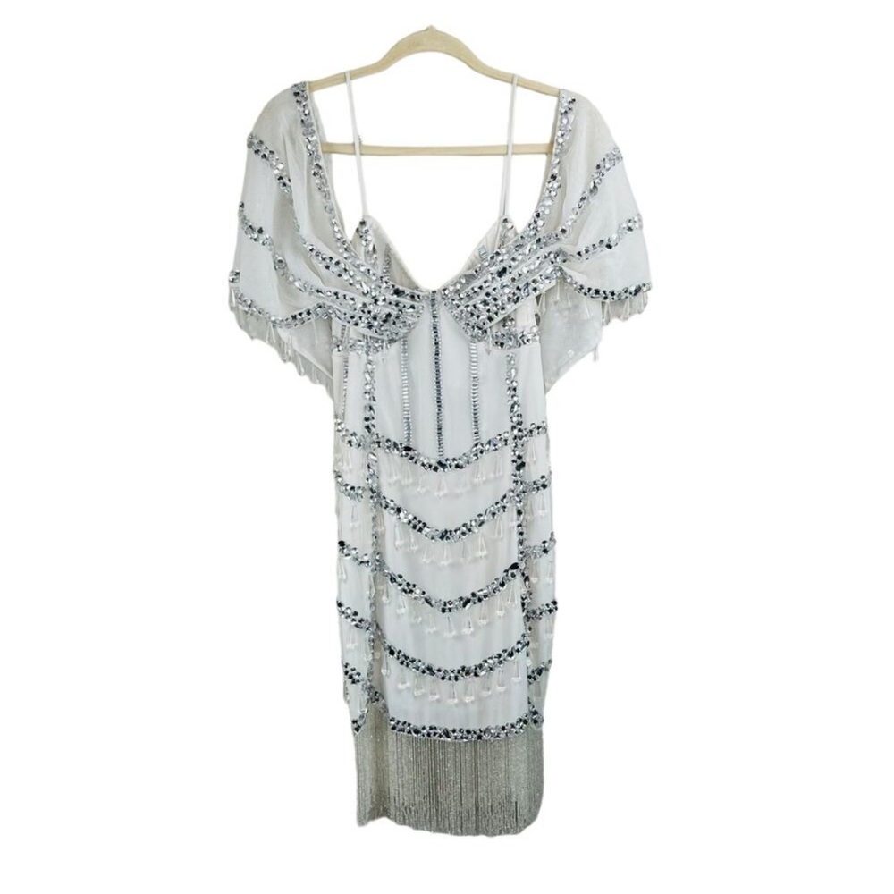 ASOS Rhinestone Beaded Fringe Draped Shoulder White Cocktail Mini Dress 12 NWT